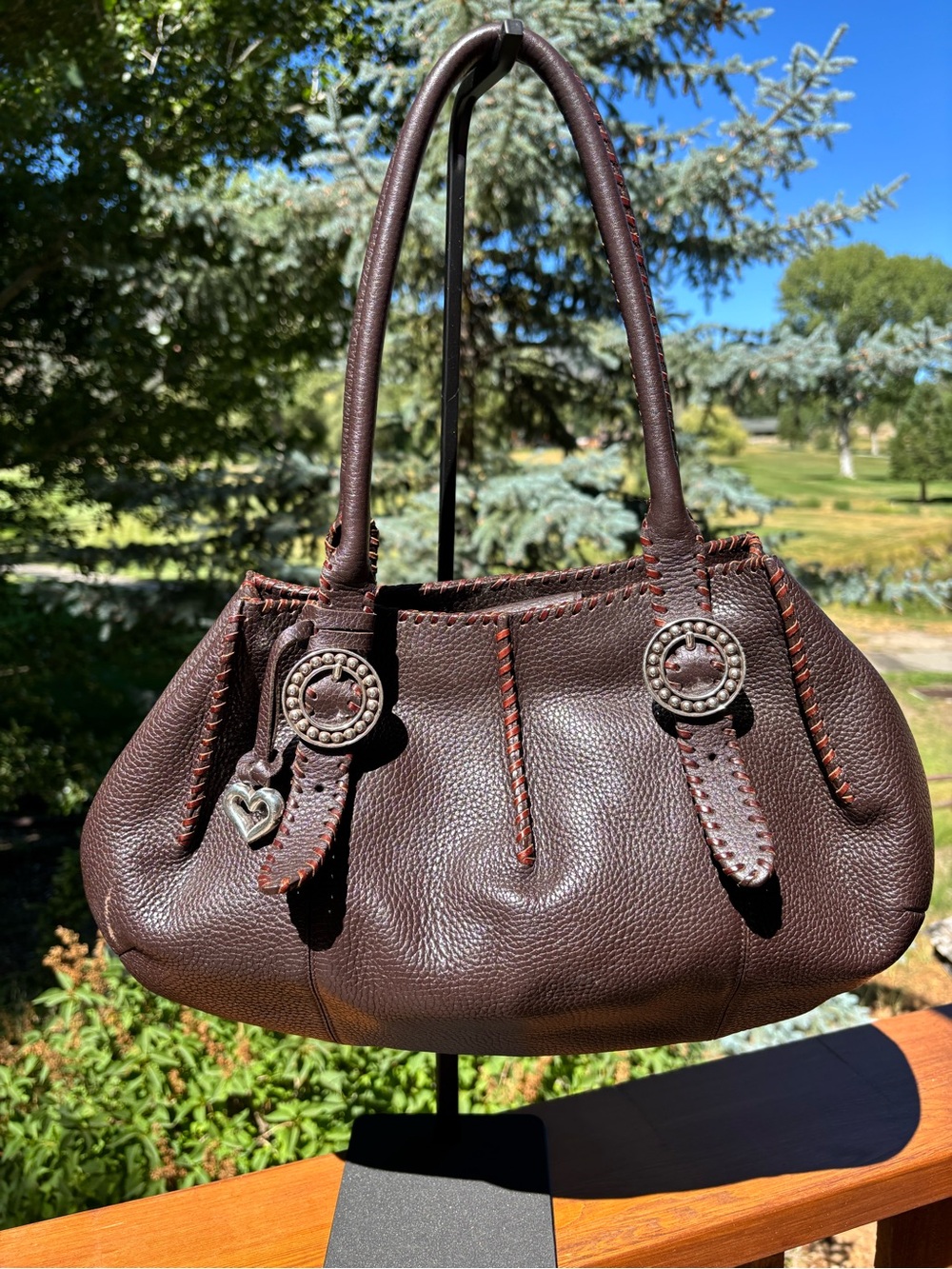 Brighton large Dark Brown pebble Leather Shoulder Bag with Heart Charm